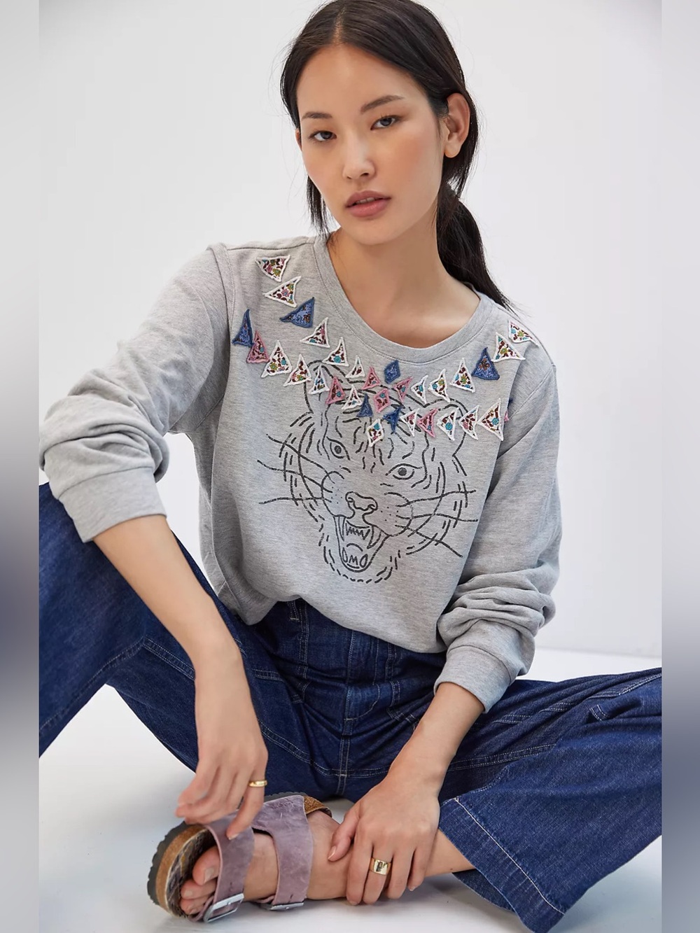 Anthropologie Luna Mercantile Co. Tiger Graphic Sweatshirt Grey XL